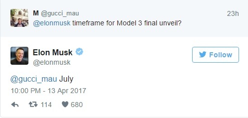 Финальный вариант Tesla Model 3 представят в июле этого года